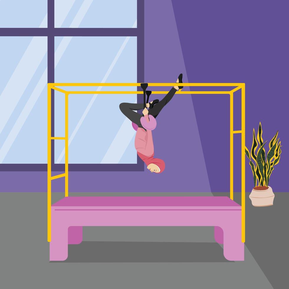 Hijabi Girl Pilates Move Tower Stretch on Cadillac vector