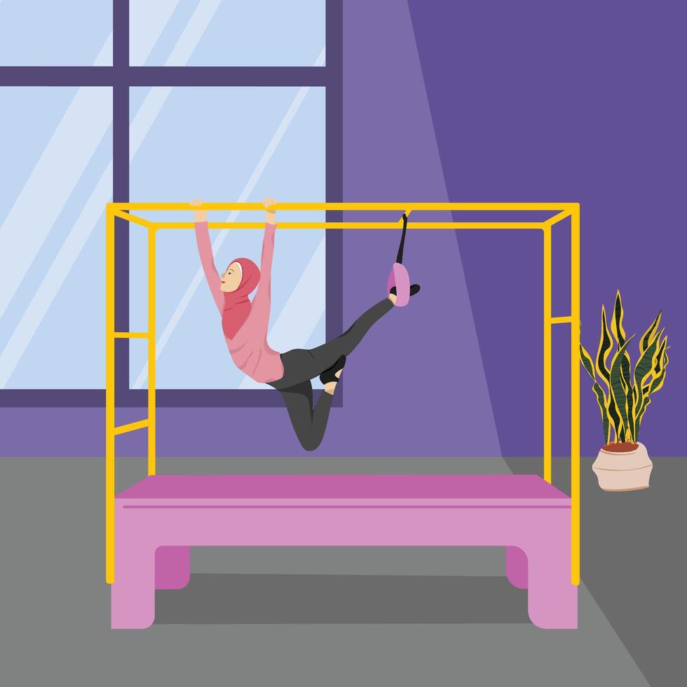 Hijabi Girl Holding Overhead Bar in Cadillac Split Pose vector