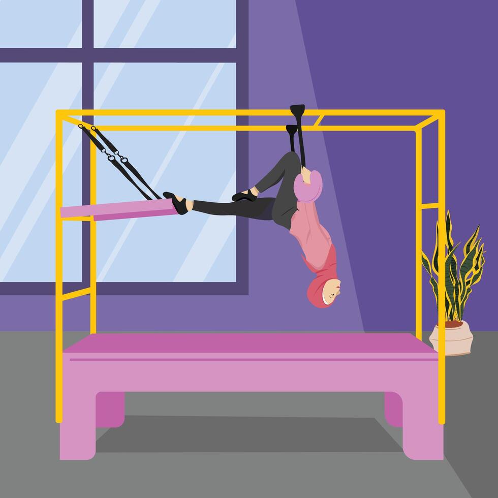 Hijabi Girl Practicing Breathing and Control on Cadillac Reformer vector