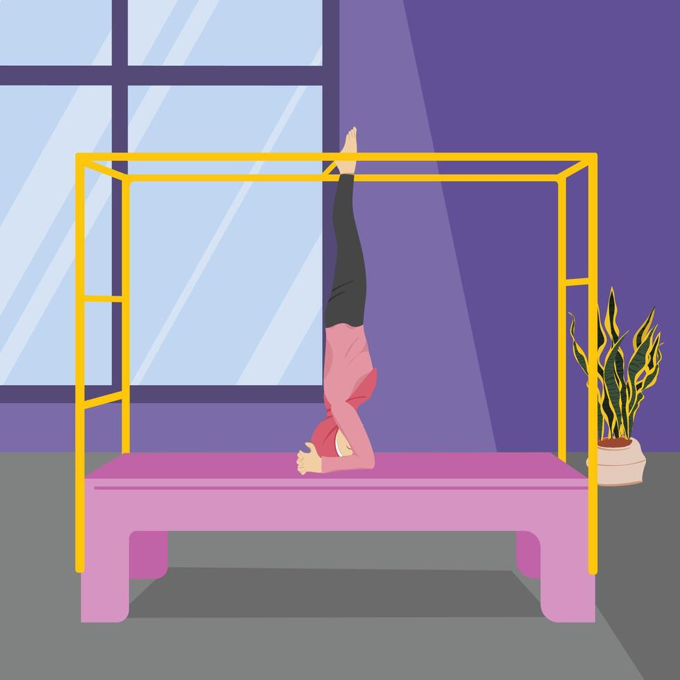 Hijabi Girl Doing Hanging Split Pose on Cadillac Reformer vector