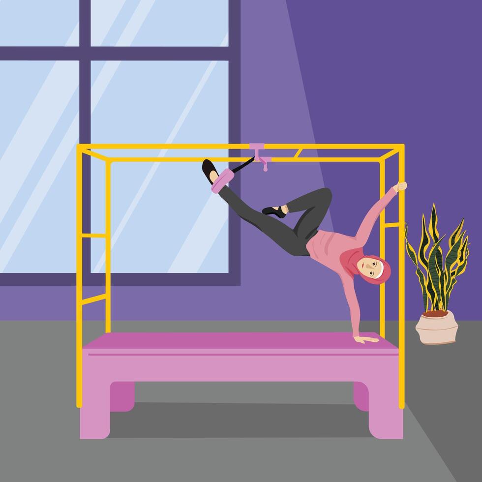 Hijabi Pilates Stretch Series Using Cadillac Reformer vector