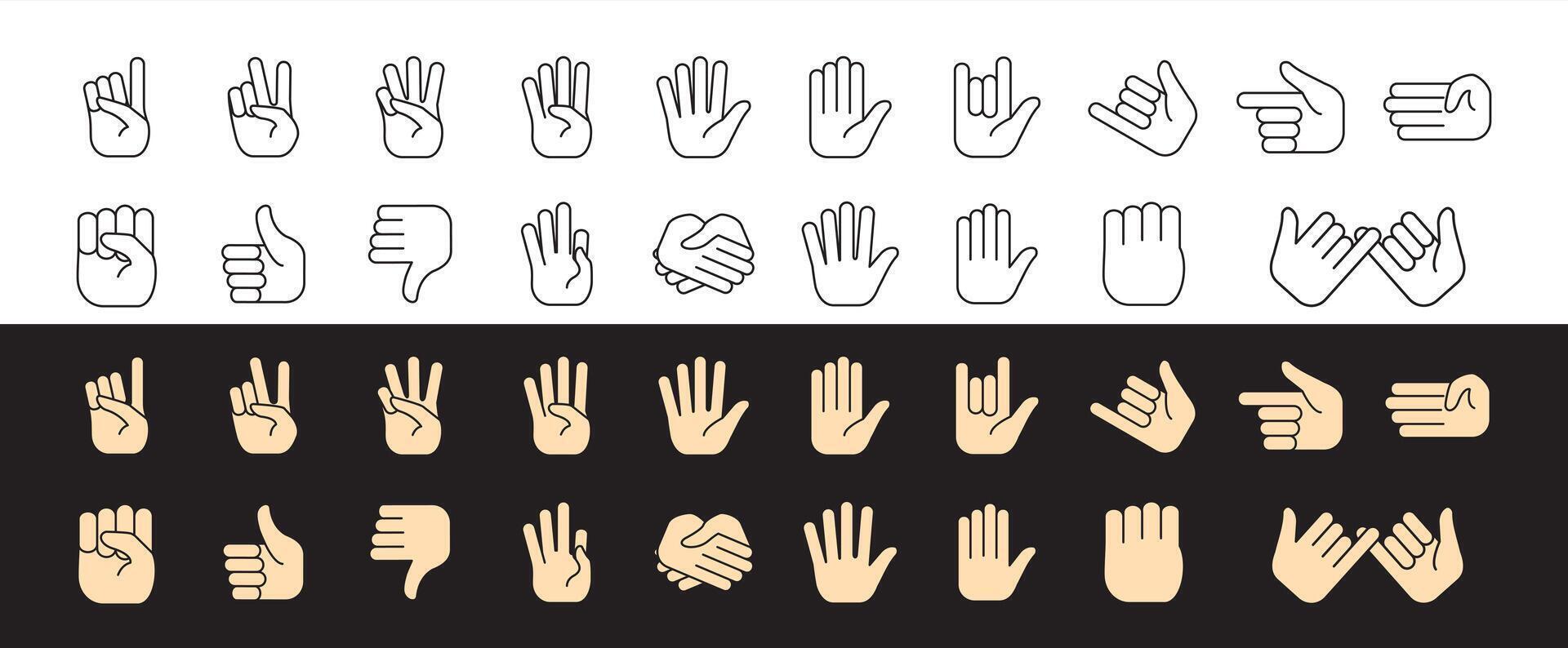Hand Gesture line and colored Icon Set, Friendly Icon Set of Hand Gestures for Creative Projects, Apps, and Social Media Designs, hand showing one, two, three, four, five, stop, like and more vector