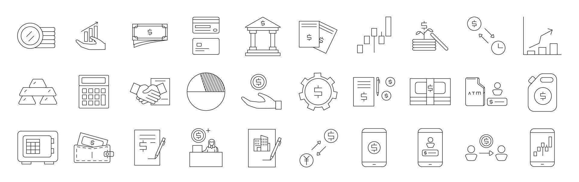 simple line financial Icons set. wallet, banking, currency symbols, investment contract, all about finance asset icon vector