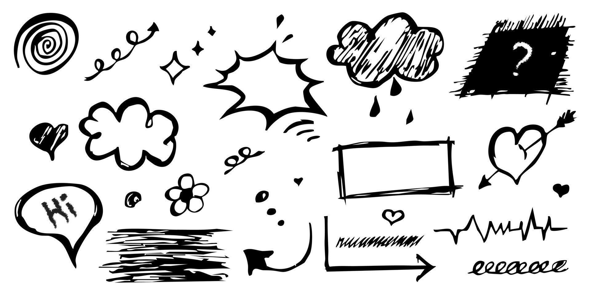 Hand Drawn Doodle Design Elements Arrows, Clouds, Speech Bubbles, and Hearts vector