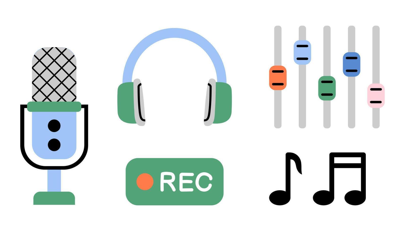 Sound recording set of elements in flat style. Microphone and headphones. Music, podcast recording vector