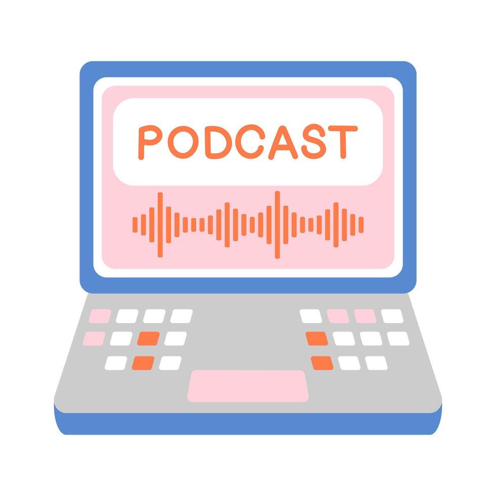 Computer laptop with podcast audio wave on screen. Cartoon flat Icon Illustration vector