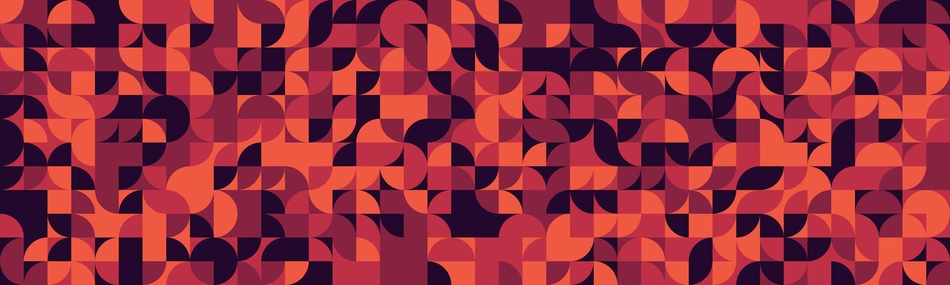 Abstract geometric pattern featuring vibrant red and dark maroon hues. A seamless design of circles and squares creates a dynamic, modern aesthetic. vector
