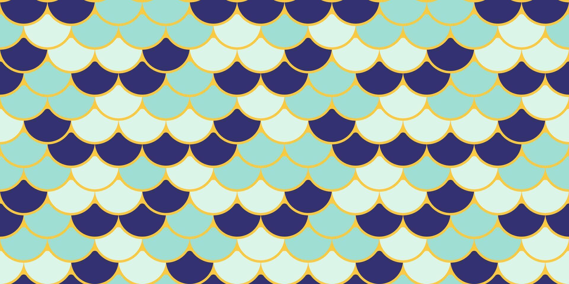 Elegant seamless pattern featuring overlapping scales in teal, navy, and gold. Perfect for textile design, website backgrounds, or decorative projects. vector