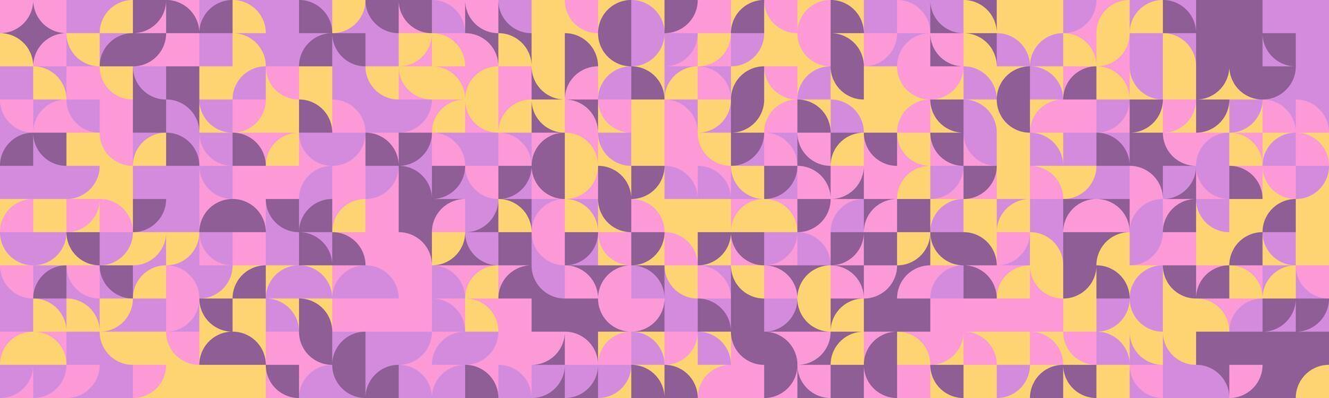 Abstract geometric pattern. Pastel pink, purple, and yellow semicircles and squares create a vibrant, modern design. Perfect for backgrounds, website banners, or textile prints. vector
