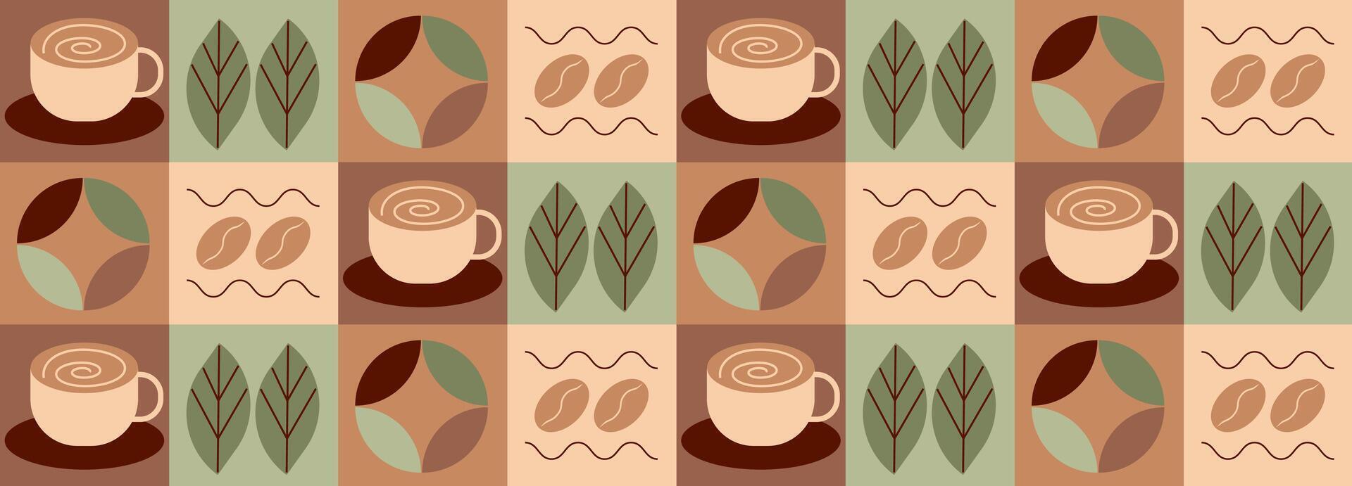 Coffee and tea geometric pattern in Bauhaus style. Abstract print background with simple shapes for coffee shop, food packaging, menu, coffee fabric vector
