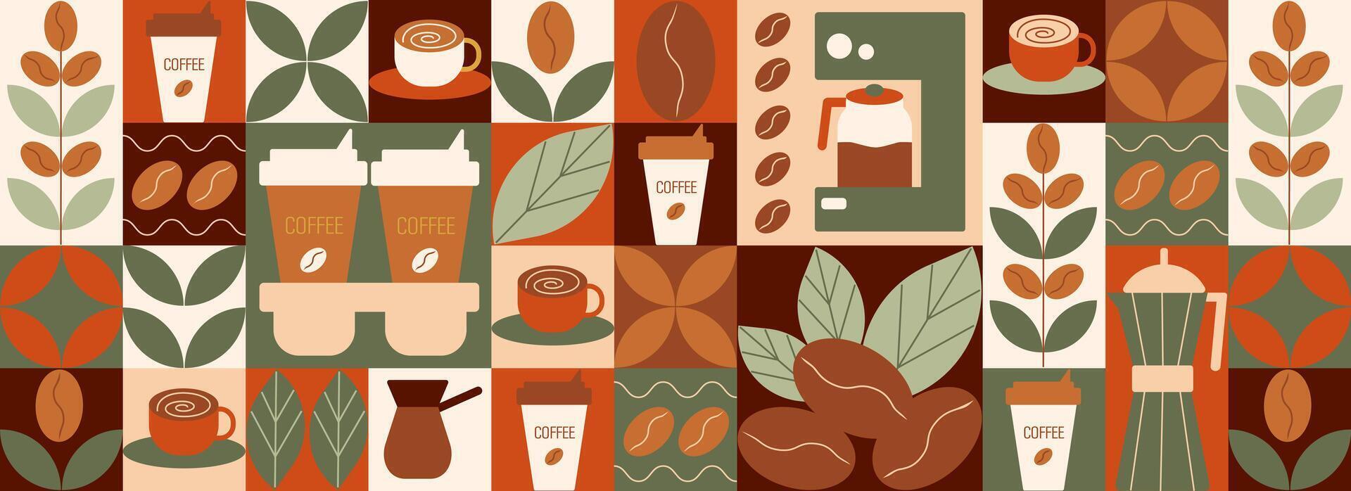 Pattern with coffee and tea theme. Geometric colors. vector