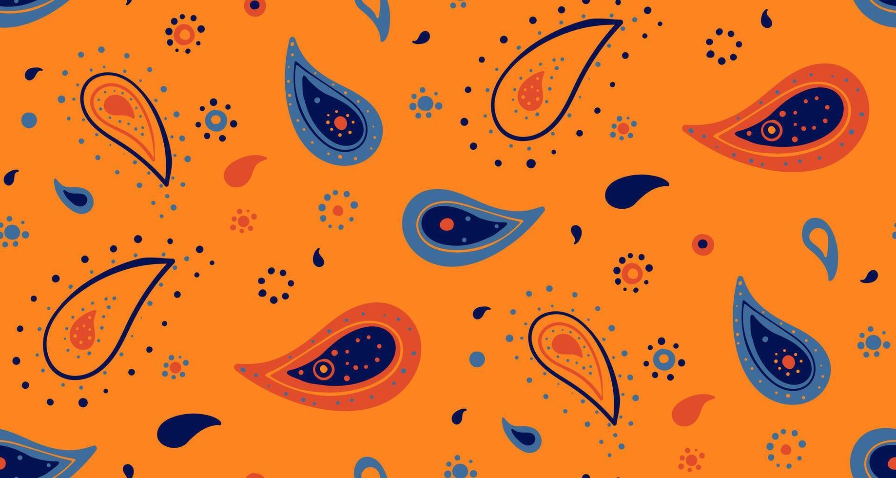 An orange and blue paisley pattern on an orange background vector