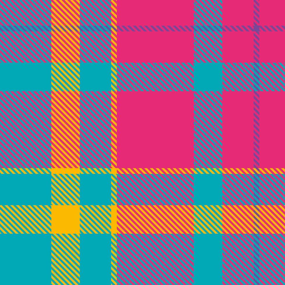 Vibrant, modern plaid pattern in bold turquoise, pink, and yellow. Perfect for textile design, fashion, or website backgrounds. This energetic image evokes feelings of fun and optimism. vector