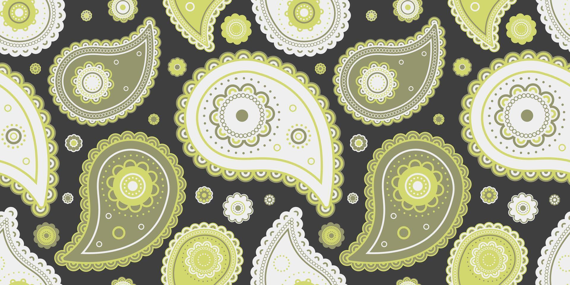 A green and white paisley pattern on a black background vector