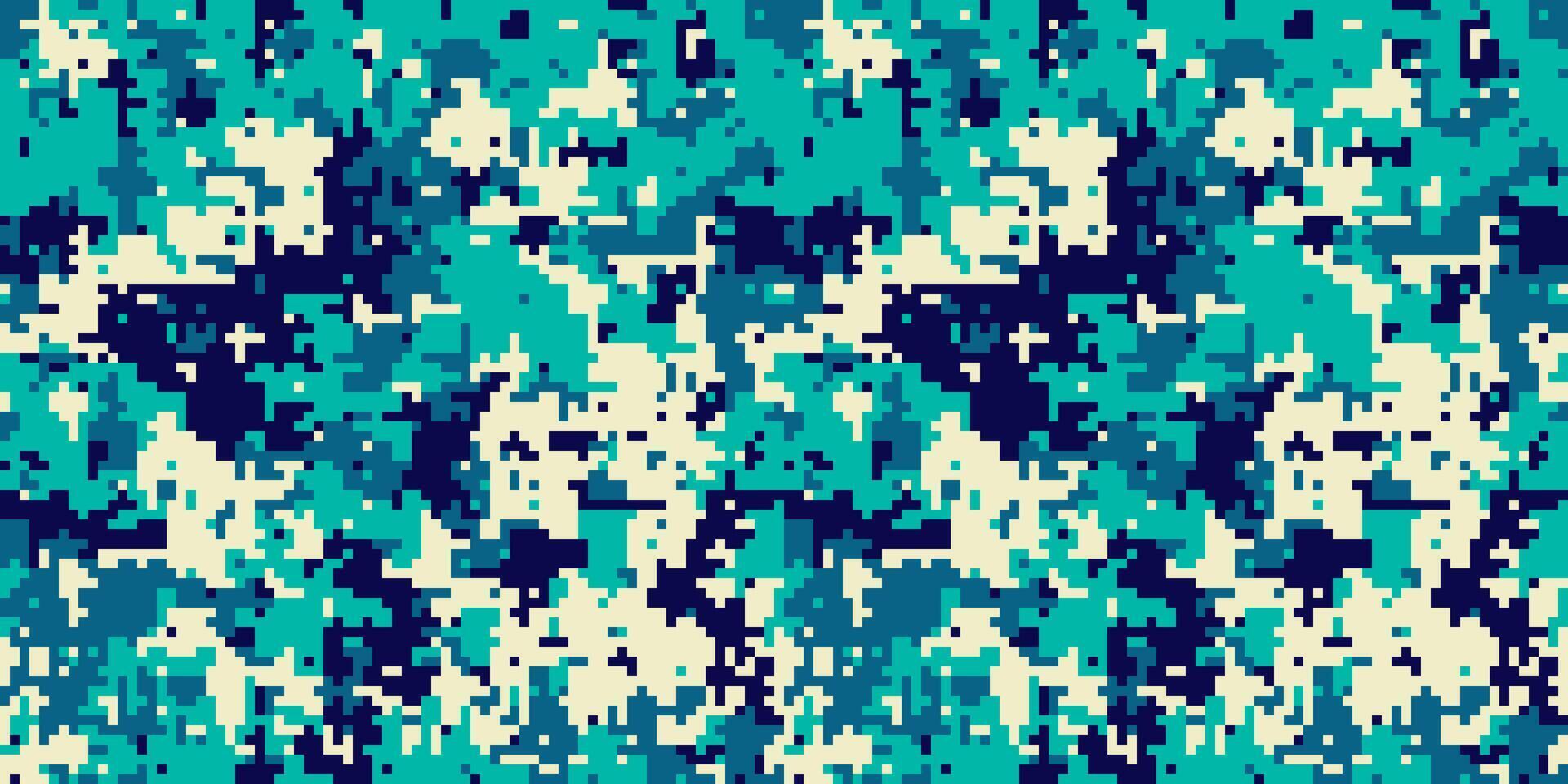 Abstract pixelated camouflage pattern in teal, navy, and cream. Perfect for fashion, gaming, tech, or militaryinspired designs. vector
