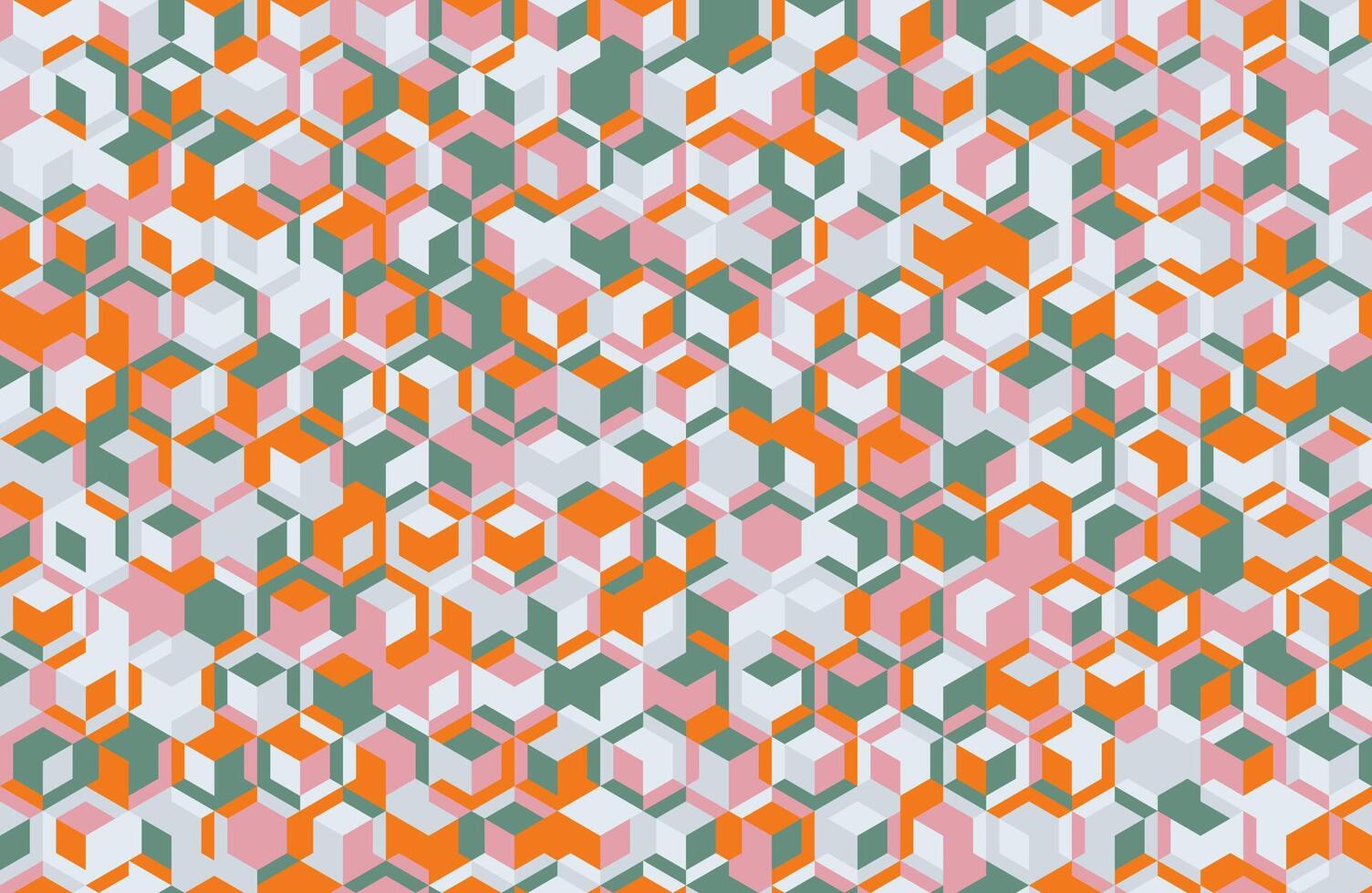 Vibrant geometric pattern of interlocking cubes in pink, orange, and teal. Perfect for textile design, website backgrounds, or modern branding. vector