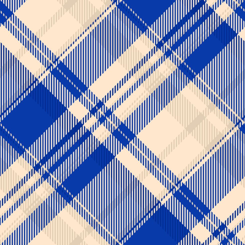 Stylish diagonal plaid pattern in vibrant blue and creamy beige. Perfect for textile designs, website backgrounds, or any project needing a touch of modern elegance and geometric flair. vector