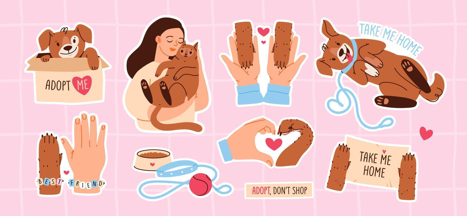 Pet adoption and rescue. Animal shelter. Adopt a friend sticker set. Cute animal adoption illustration with playful characters. vector
