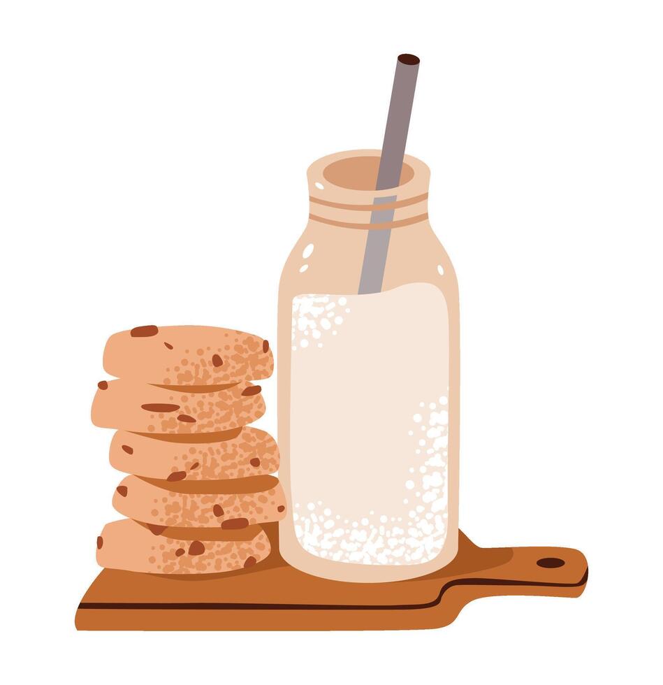 Homemade cookies with chocolate and milk. Flat illustration of a cookie treat and bottle of milk for breakfast. vector