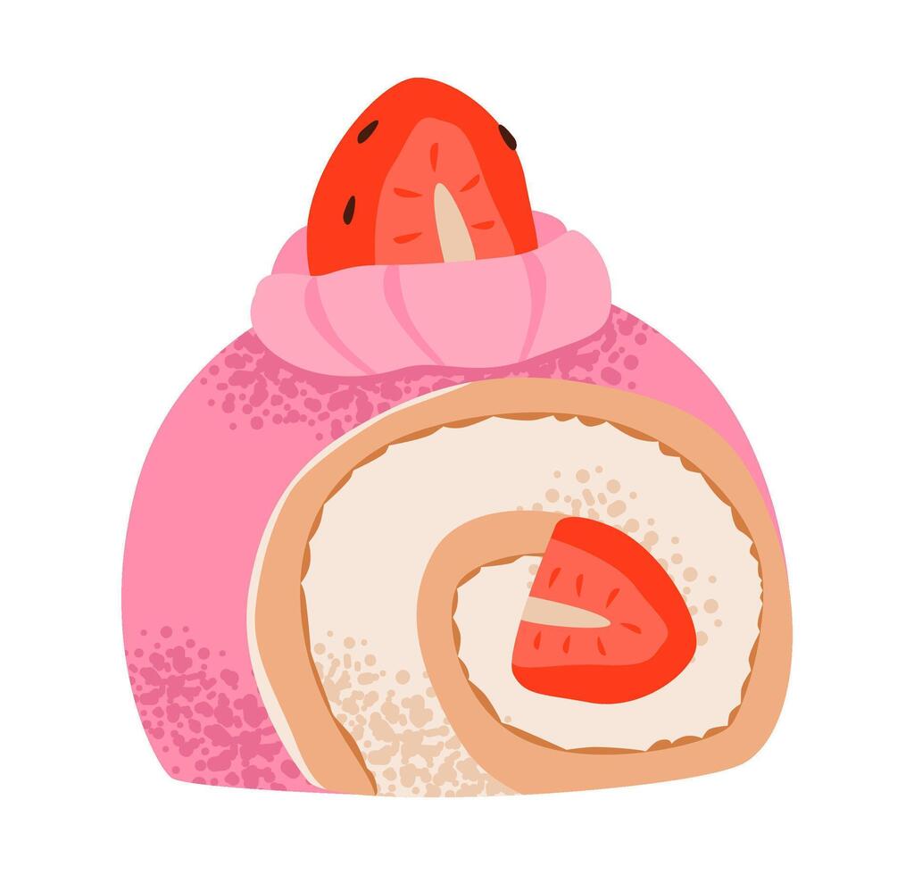 Sweet cream roll dessert with strawberries. Delicious homemade cake slice with fruit filling in flat modern style. Illustration. vector