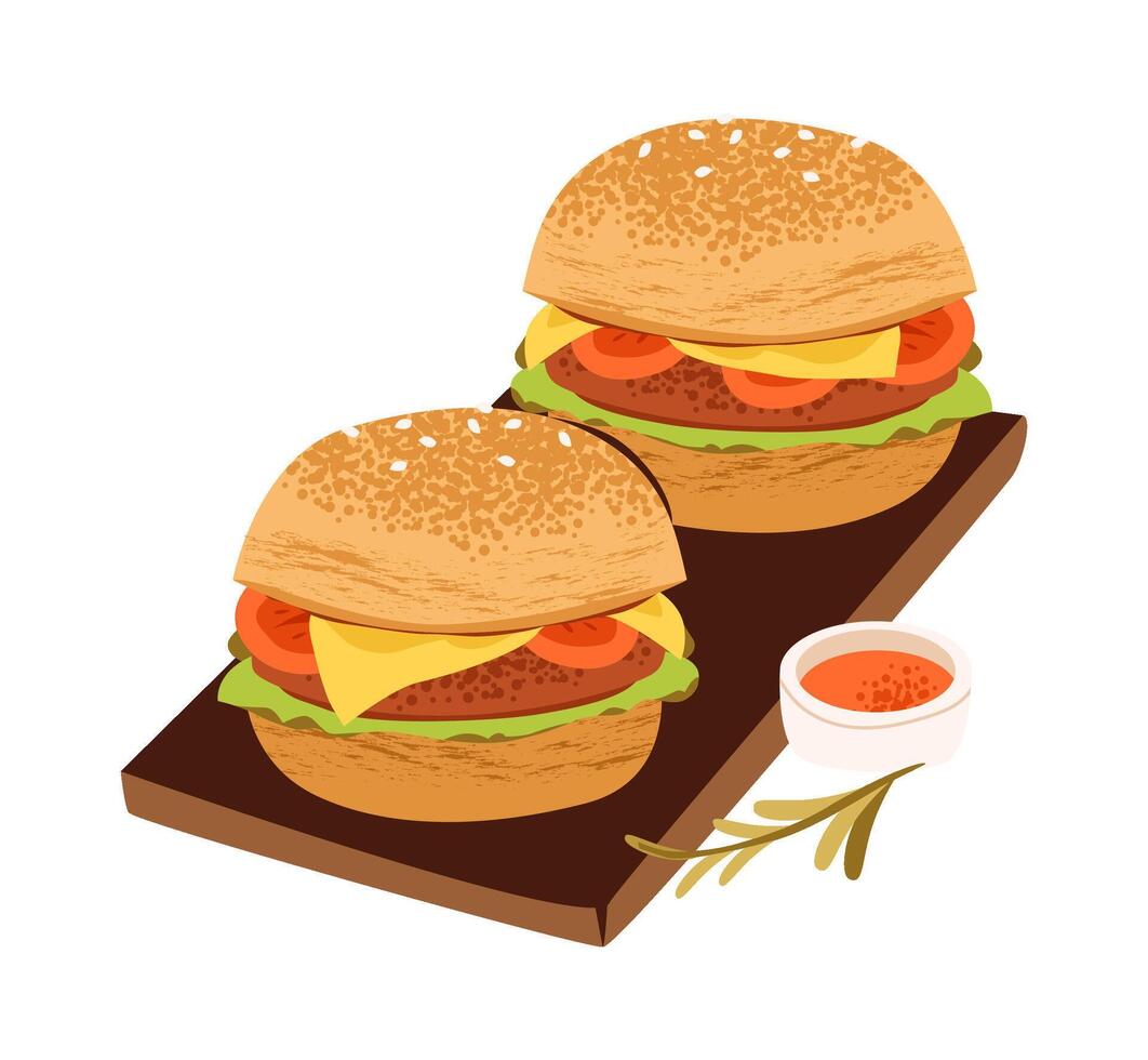 Grilled burgers with fresh vegetables. Fast food, fresh veggies, and picnic mood. Flat illustration. vector