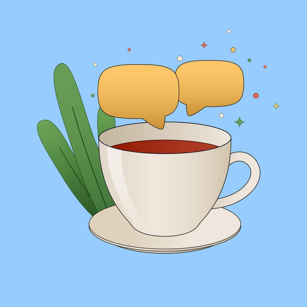Cup of coffee or tea drink with speech bubbles on plants background. vector