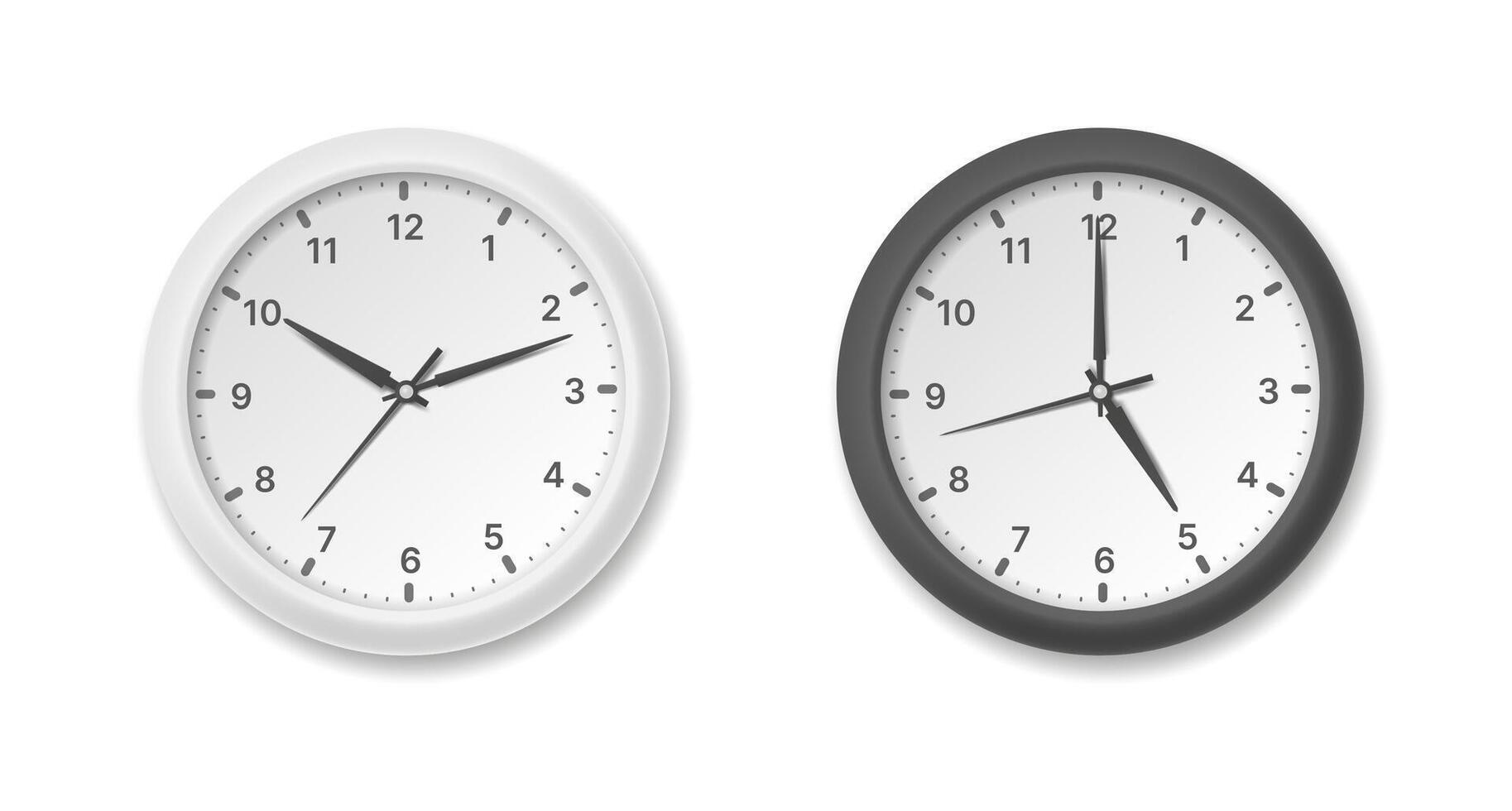 Black and white wall clock with hands isolated on light background. vector