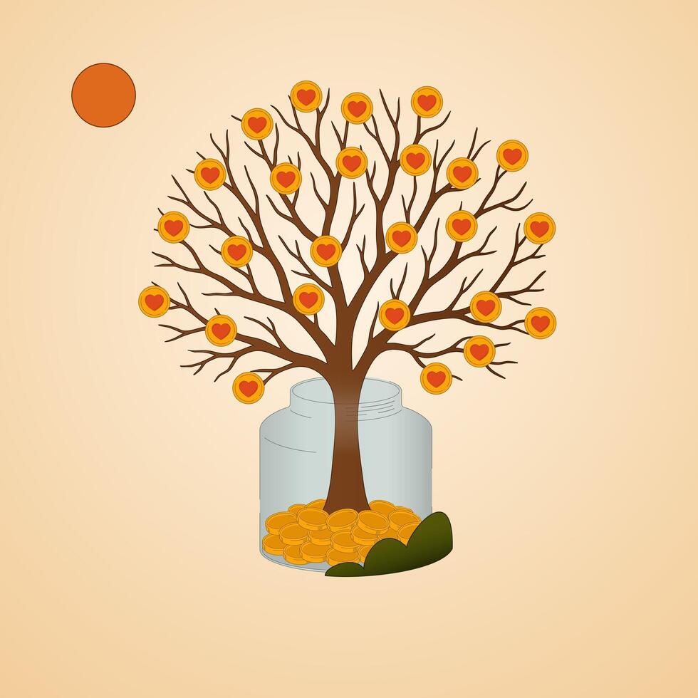 Glass jar with coins from donations and sprouted tree with hearts. vector