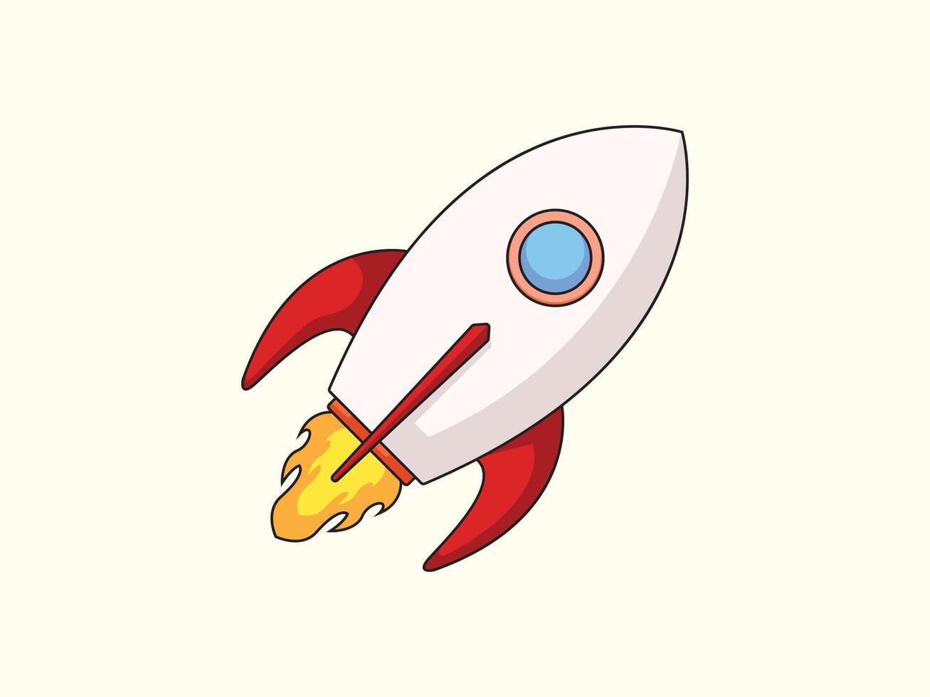 rocket booster icon with flat view, featuring red and white body, blue window, and fiery yellow flame vector