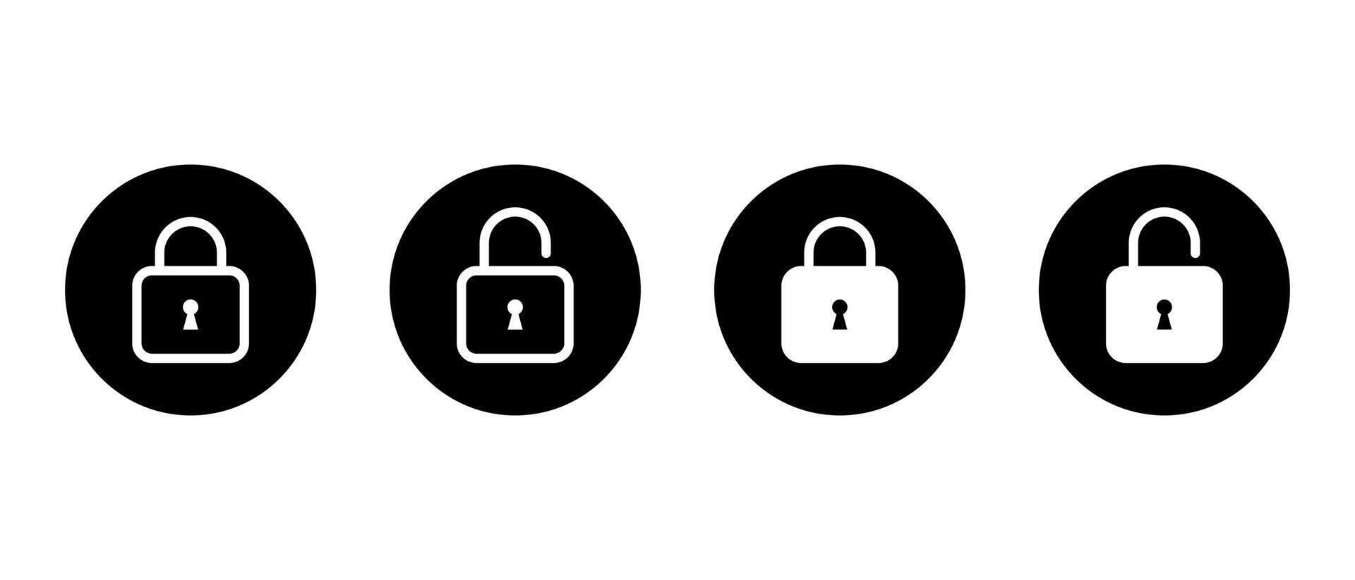 Lock and unlock icon on black circle. Security padlock sign. Safe, privacy protection symbol vector