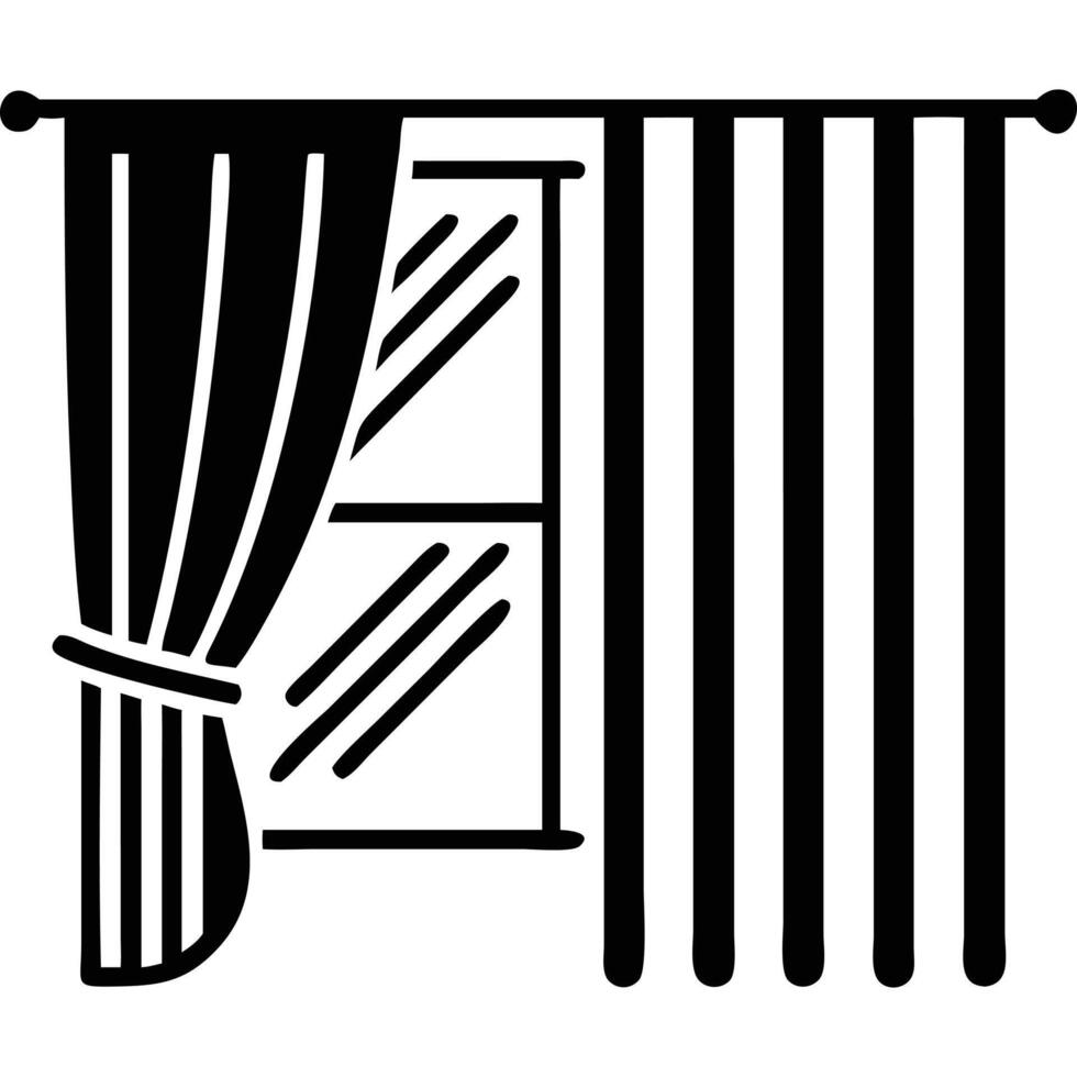 A black and white illustration of a window with curtains vector