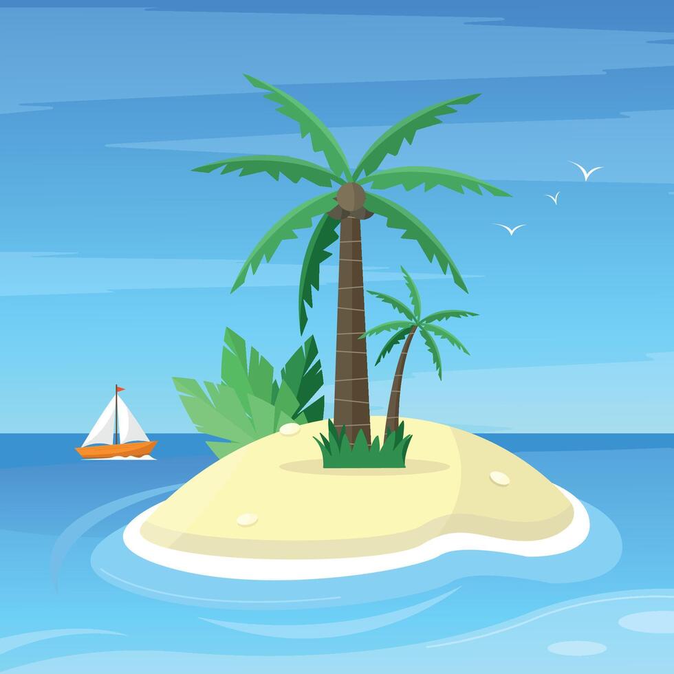 Landscape with an island and a sailboat in the ocean. Vacation, holidays on the island. Tourism. vector