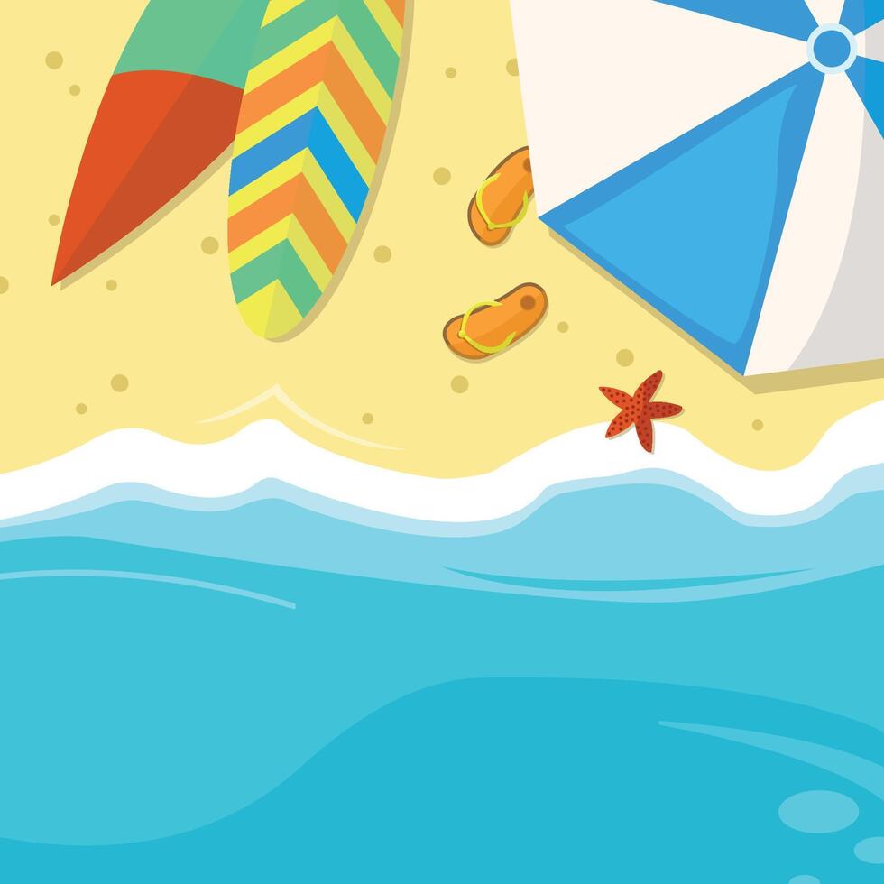 Beach with umbrella, surfboards and flip-flops. View from above. Relaxation by the water. Banner. vector
