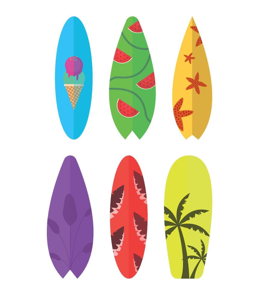 Set of six surfboard icons with images. Summer, vacation. vector