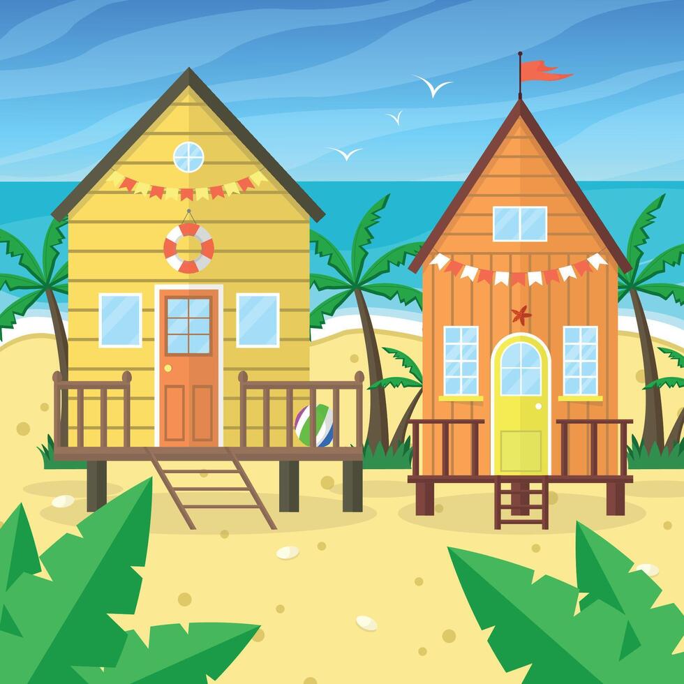 Landscape with two beach houses, ocean and palm trees. Summer, beach, vacation. vector