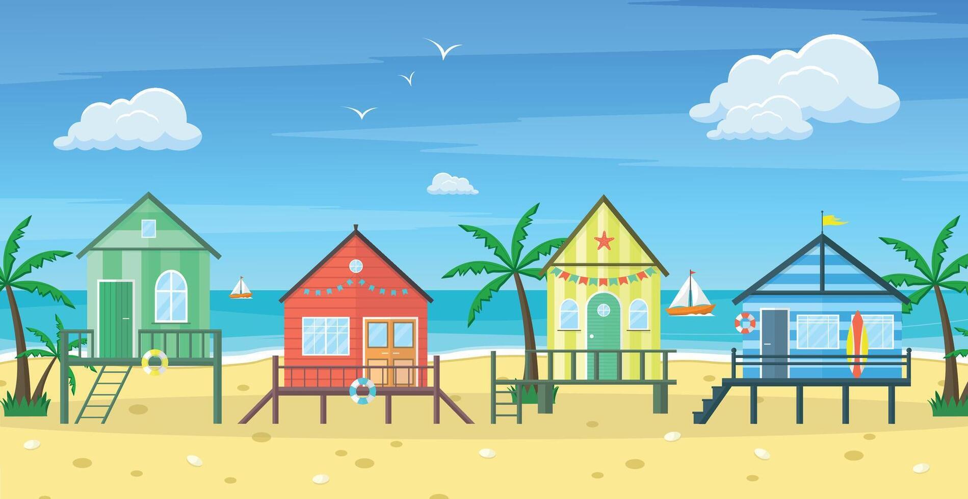 Landscape with four beach houses on the beach. Ships, ocean, palm trees. Summer. vector