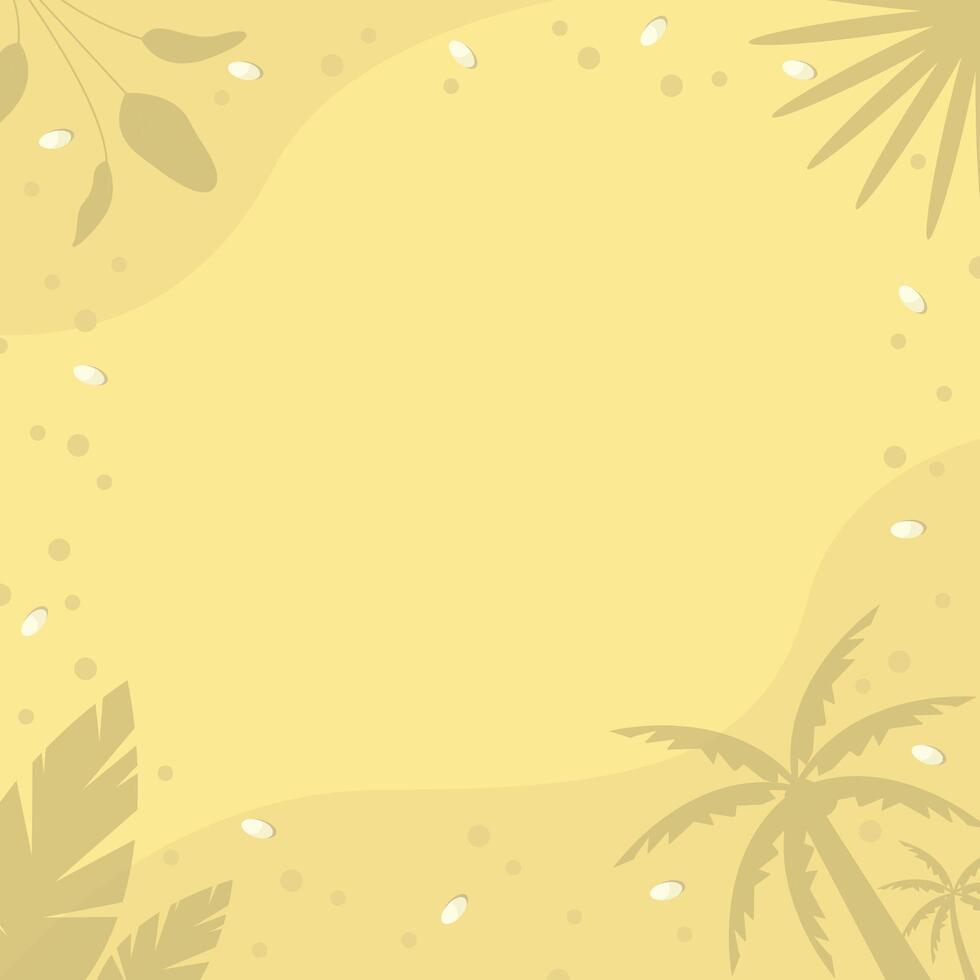 Sandy beach background with shadows of plants and palm tree. Banner, text, postcard. vector