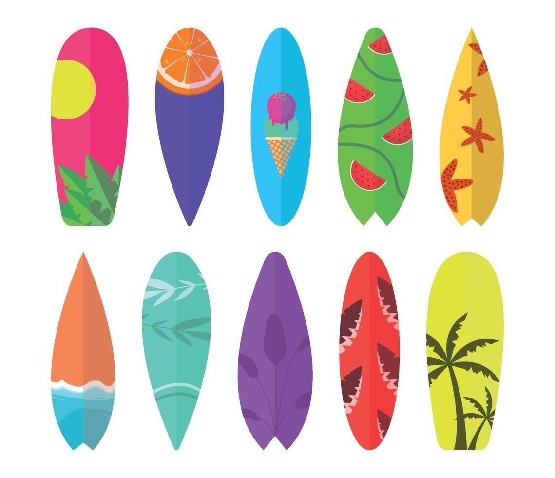 Surfing icons set on white background. Equipment. Hobbies and recreation. vector