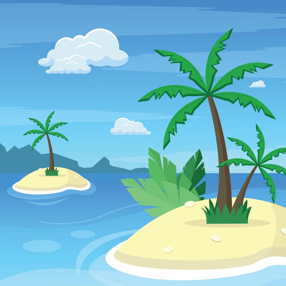 Landscape with the ocean and two islands with palm trees. Travel, rest, vacation. Banner. vector