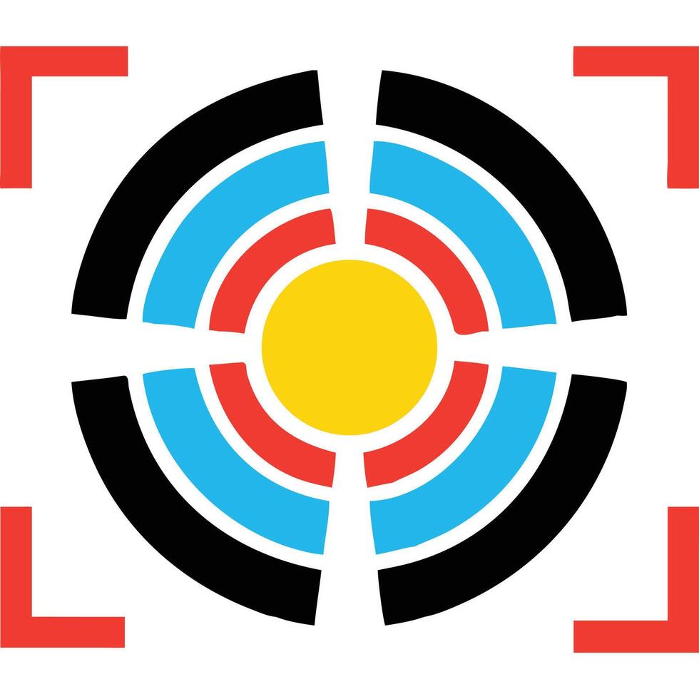 A circular logo with a red, blue and yellow color scheme vector