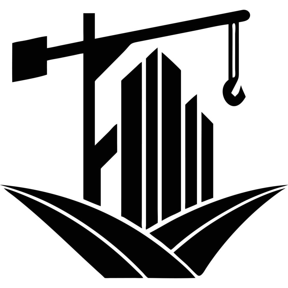 A black and white logo of a crane and a building vector
