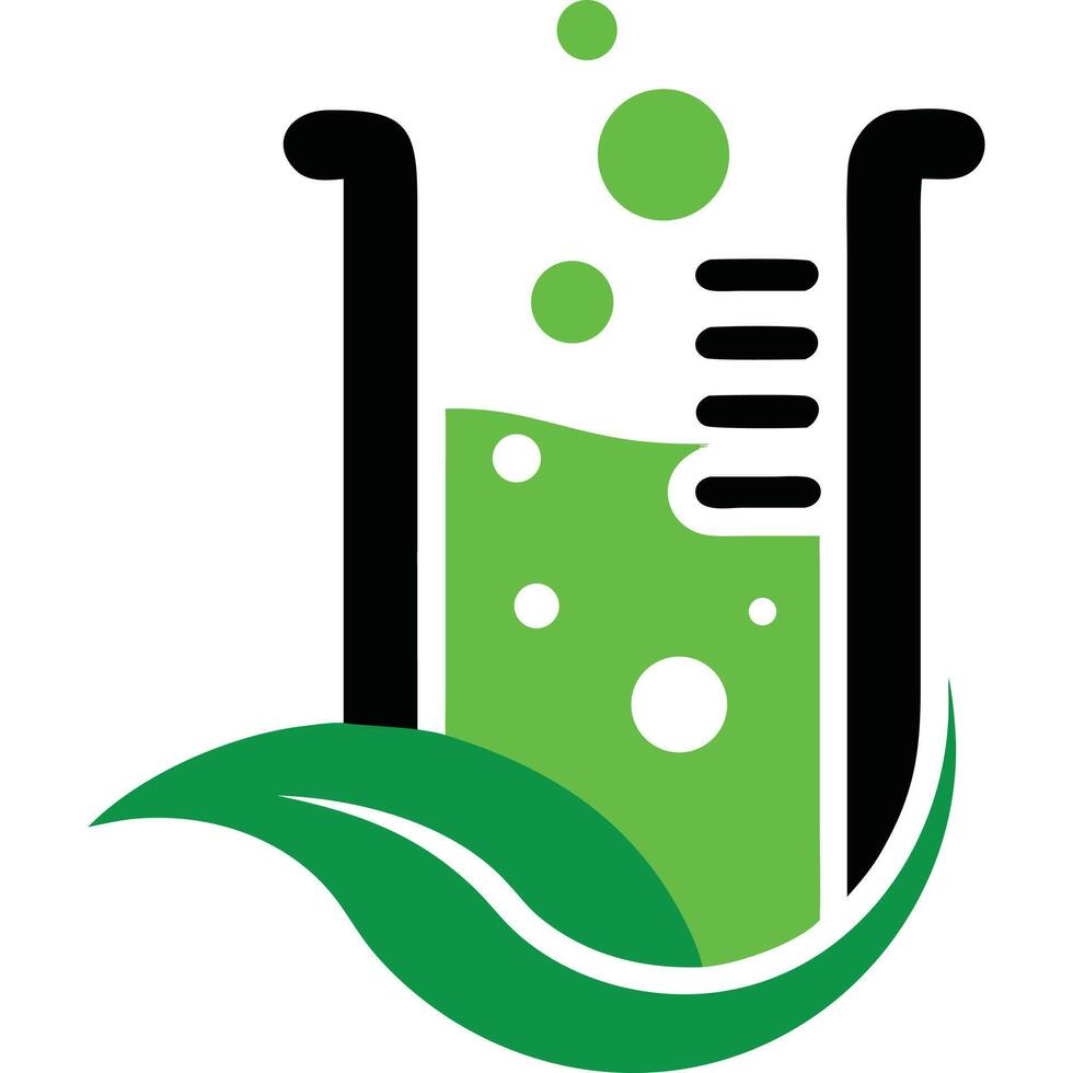 A green and white logo with a test tube and leaf vector