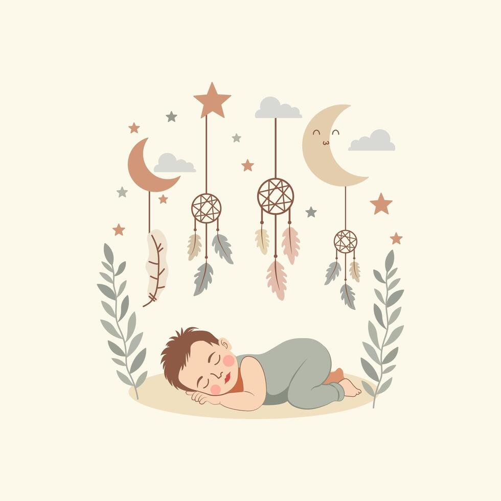 Baby Sleeping Poster with a peaceful, cozy vibe in Bohemian Style features moon, stars, clouds, feathers, gentle leaves, and dreamcatchers. vector