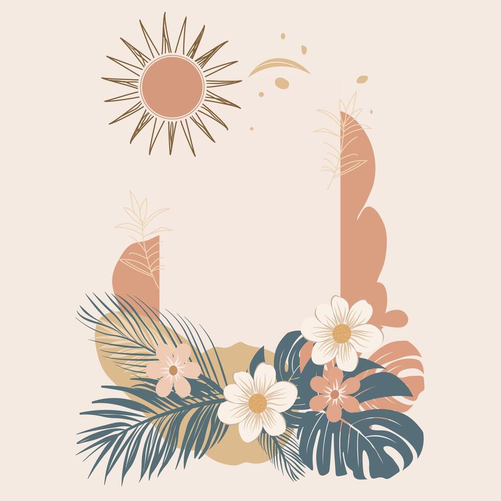 Hello Summer Poster in Bohemian Style Tropical Leaves with Sun Illustration vector