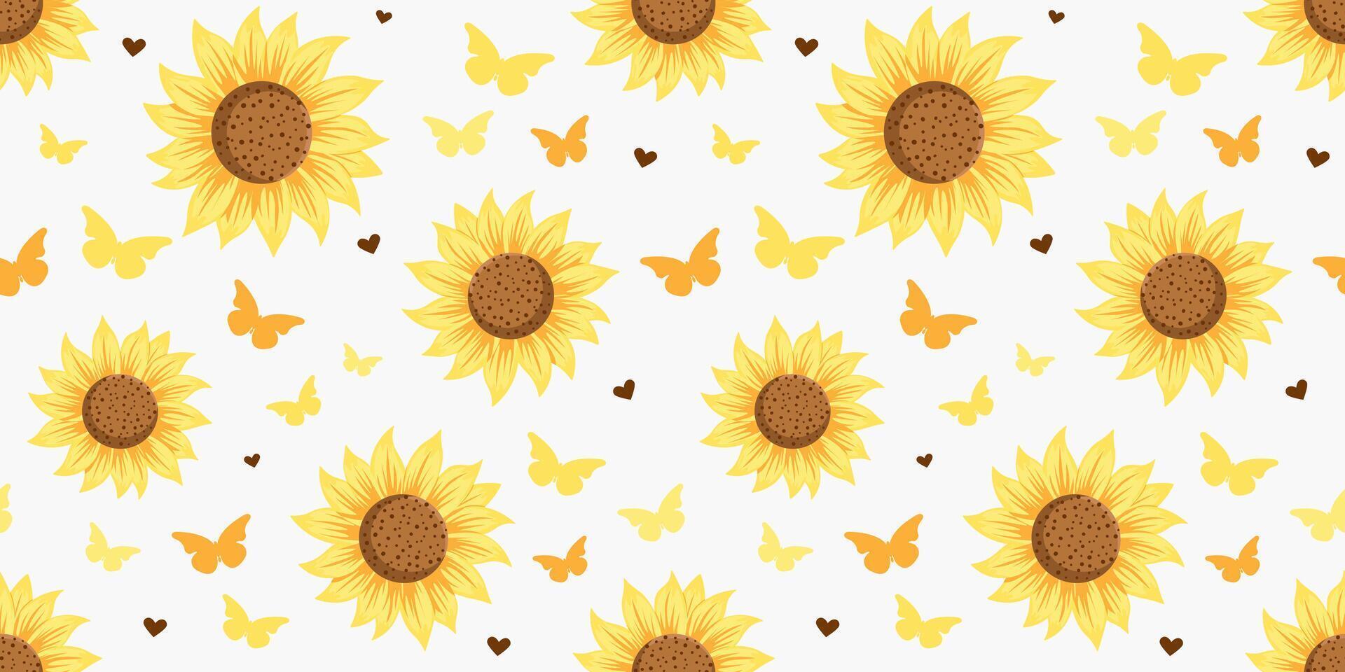 Cute Realistic Sunflower Seamless Pattern Style with Butterfly and Love vector