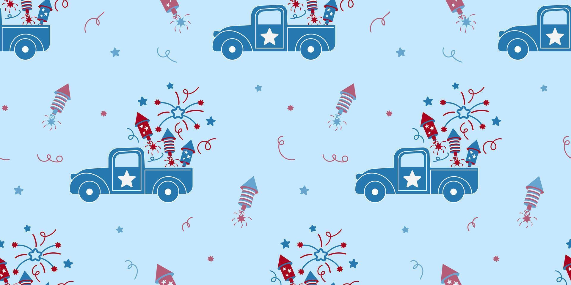 Cute a Truck of Fireworks US Flag Design in Baby Blue Background in a Seamless Pattern vector