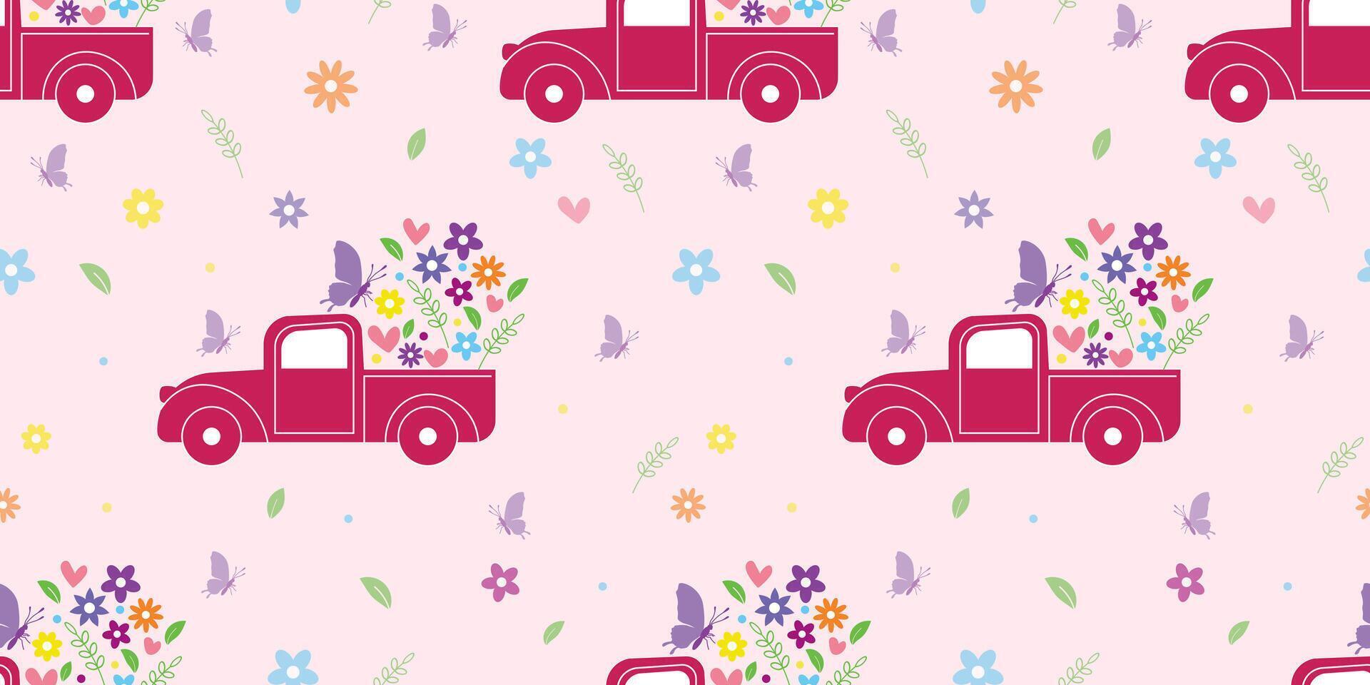 Cute a Vehicle of Flower, Heart, and Leaf in Baby Pink Background in a Seamless Pattern vector