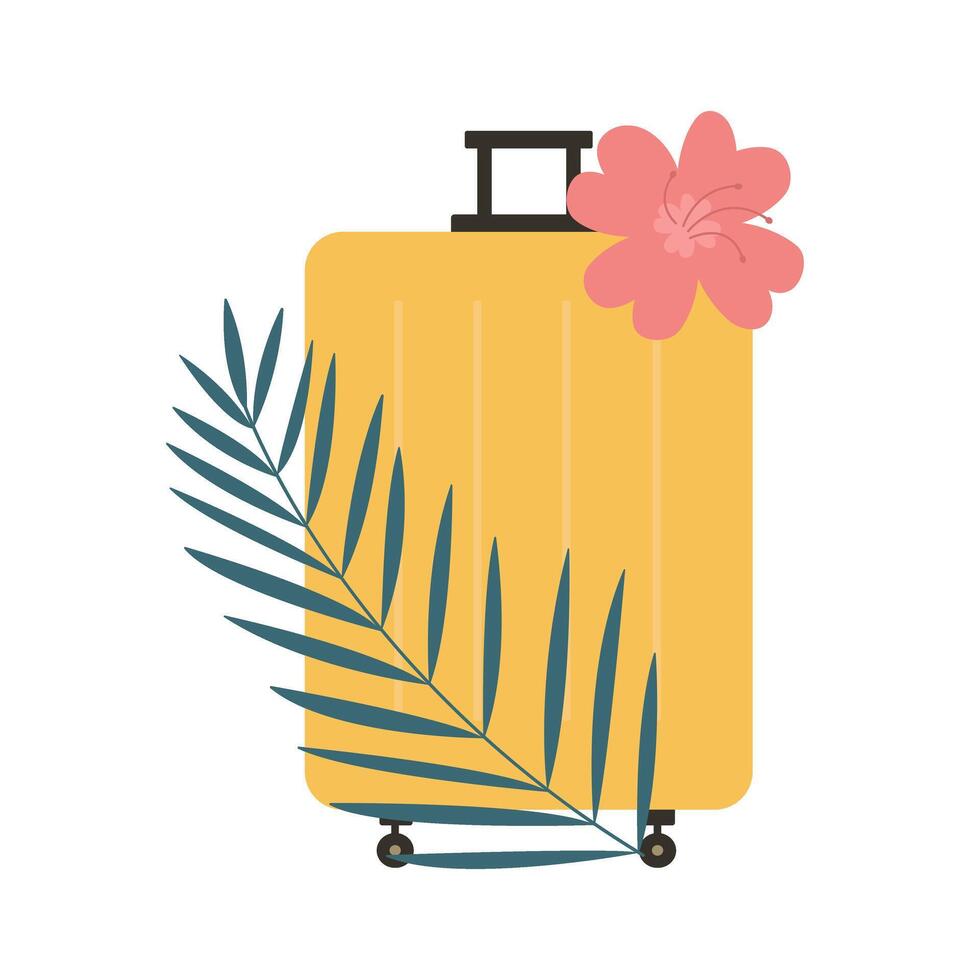 Travel yellow suitcase baggage for summer vacation and trip decorated with tropical palm leaf and flower. Flat isolated simple flat illustration. vector