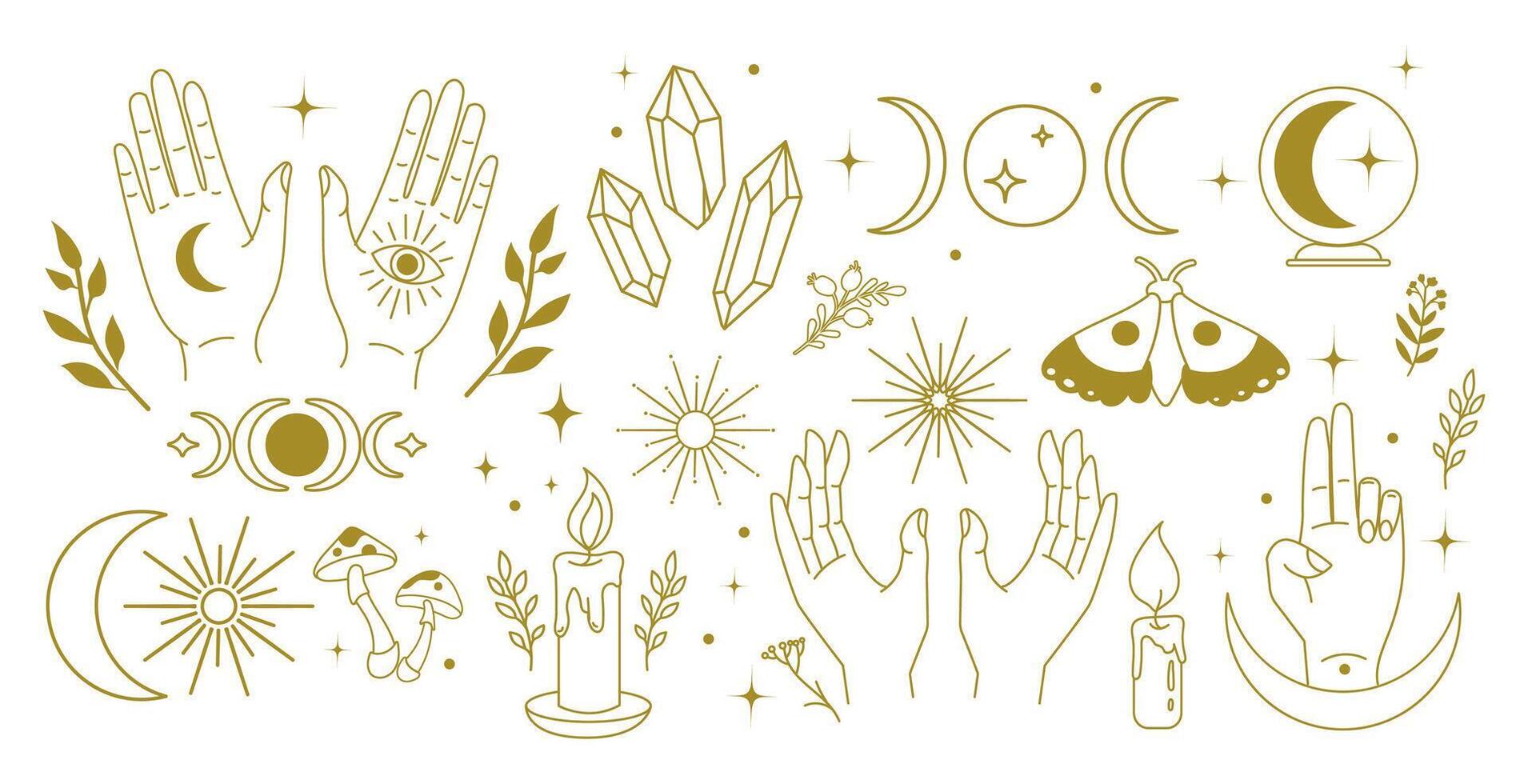 Boho Mystical Line Art Symbols with Moons, Crystals, Hands.Mystical set spiritual symbols crystals, moons, hands, candles, stars, celestial elements icons, witchy designs, astrology, esoteric. vector