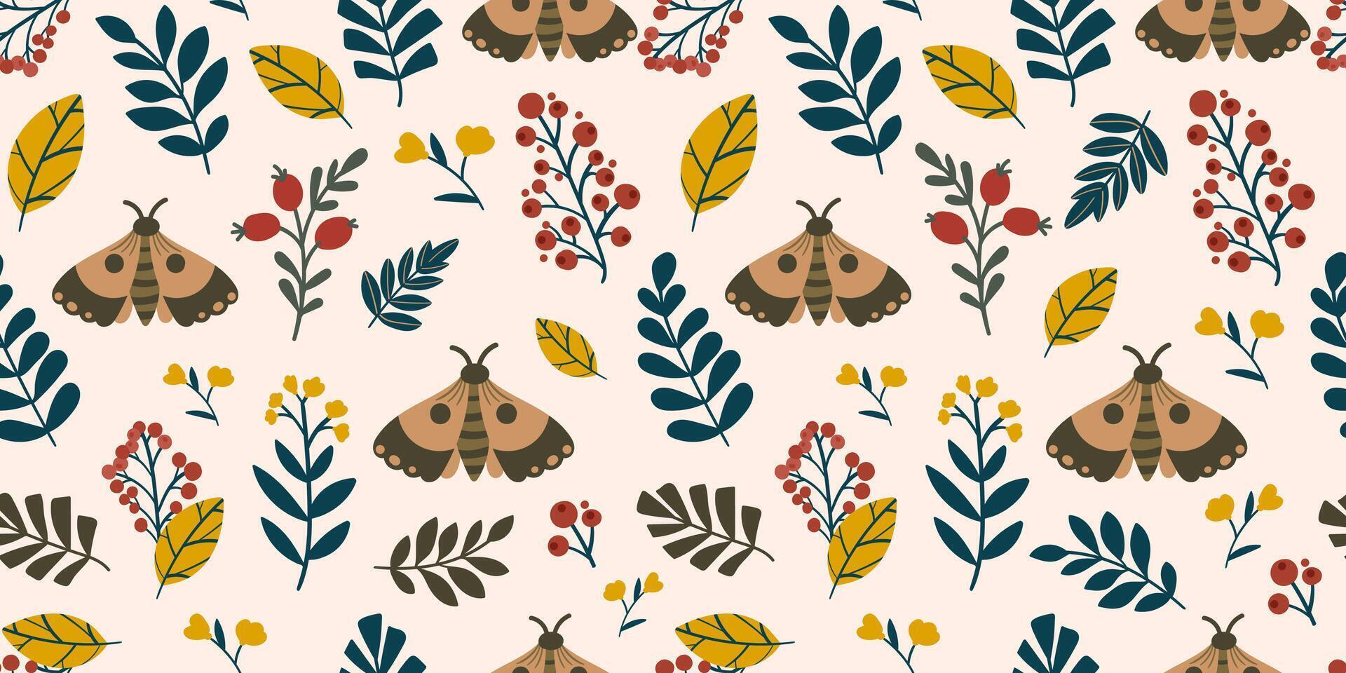 Whimsical Botanical and Moth Repeat Pattern .Seamless pattern with moths, leaves, berries, and flowers in earthy autumn tones, perfect for textiles, wallpaper, packaging, seasonal design . vector